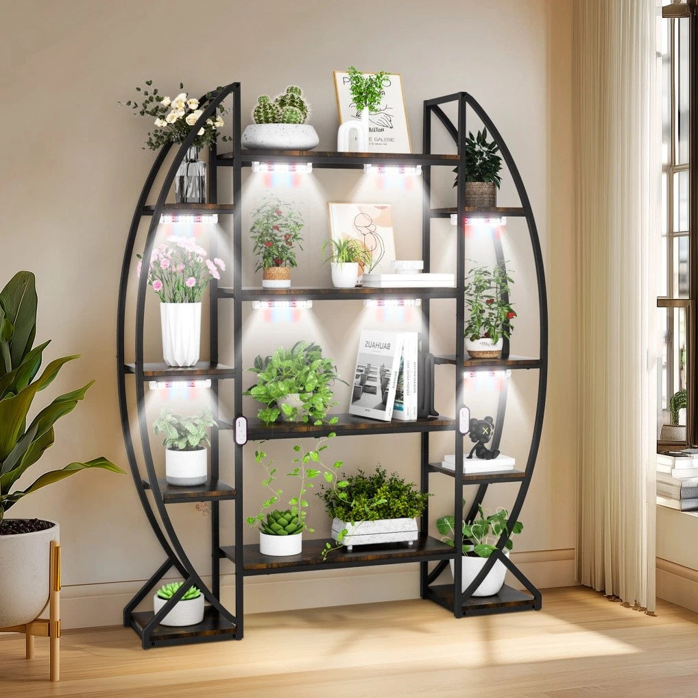 Tall Half Moon Plant Shelf with Grow Lights for Indoor Use