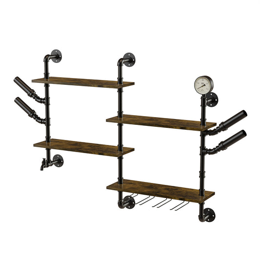 P&P Industrial Pipe Bar Wall Liquor Shelf Floating Shelves with Wine Glass Holder