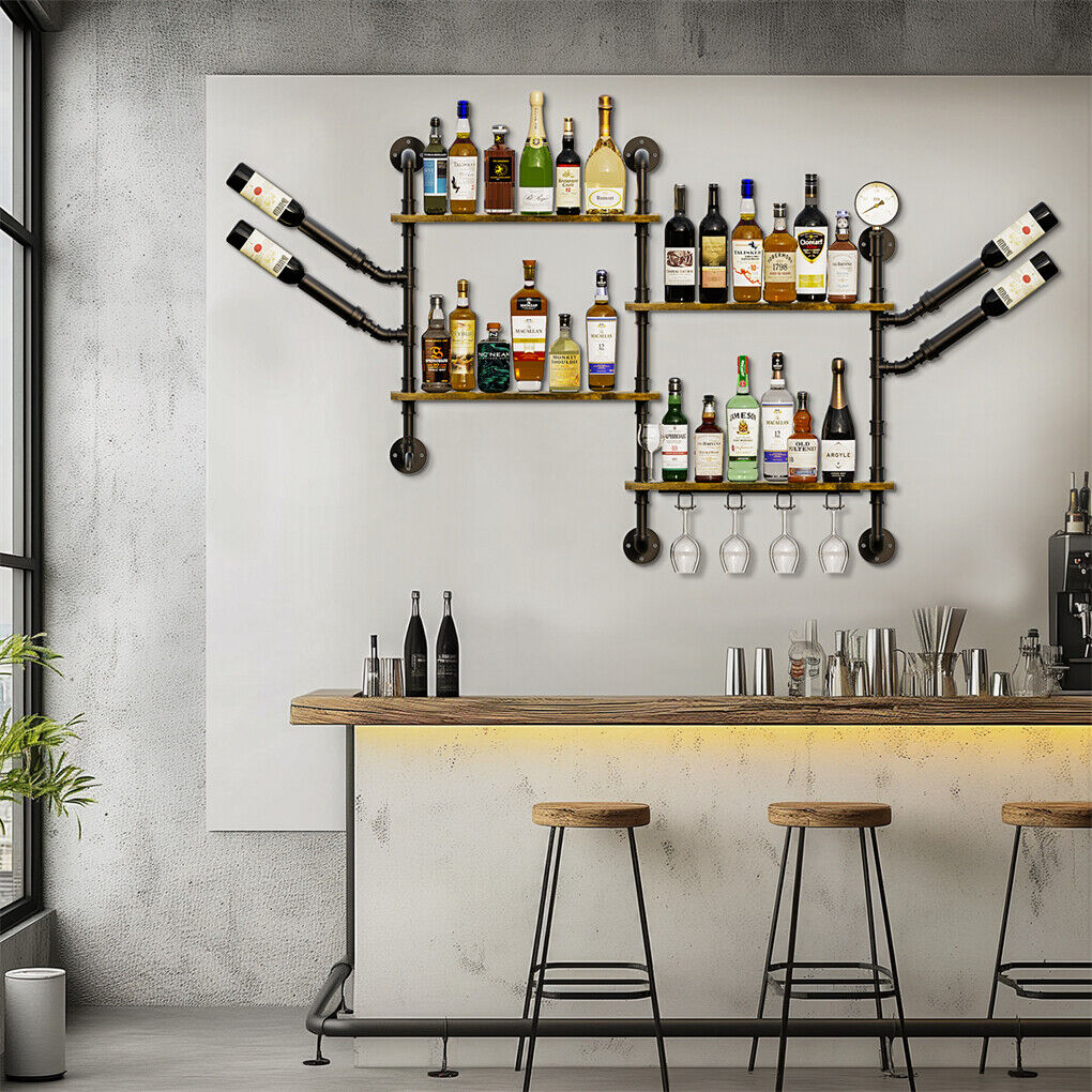P&P Industrial Pipe Bar Wall Liquor Shelf Floating Shelves with Wine Glass Holder