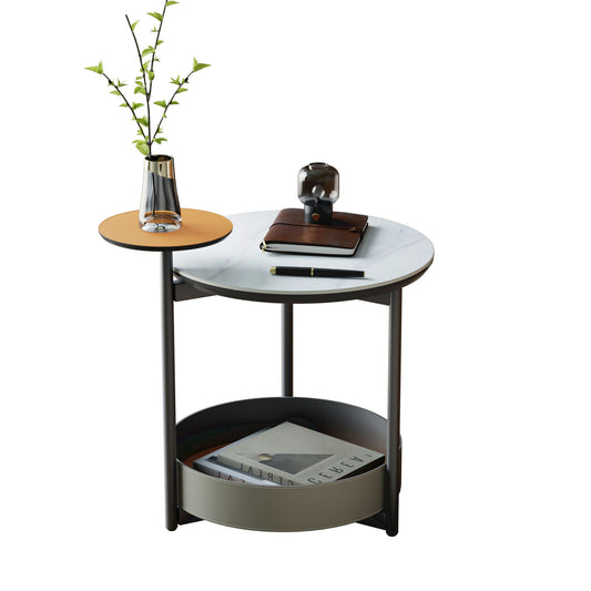 P&P 3Tier Unique Sofa Side End Table Sintered Stone-top Accent Table w Leather Shelf