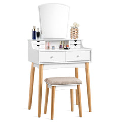 6-Drawer Vanity Table Set with Mirror & Cushioned Stool — White