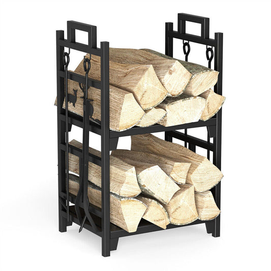 P&P 2 Layer Hearth Fireplace Log Holder Iron Fire Wood Rack with 4 Firepit Tools Set