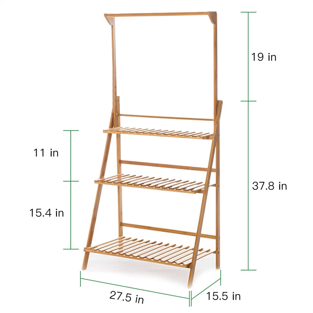 3 Tier Bamboo Plant Stand Folding Ladder Shelf with Hanging Rack - Indoor Outdoor Flower Pot Display Stand Natural Wood