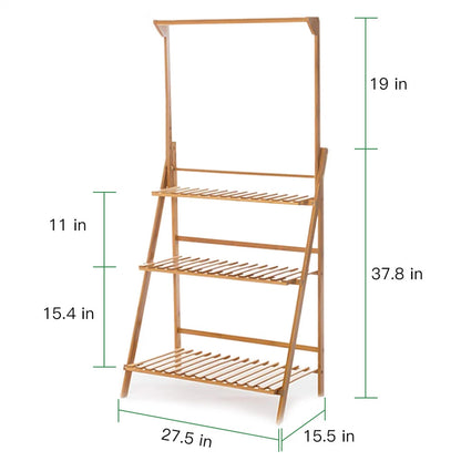 3 Tier Bamboo Plant Stand Folding Ladder Shelf with Hanging Rack - Indoor Outdoor Flower Pot Display Stand Natural Wood
