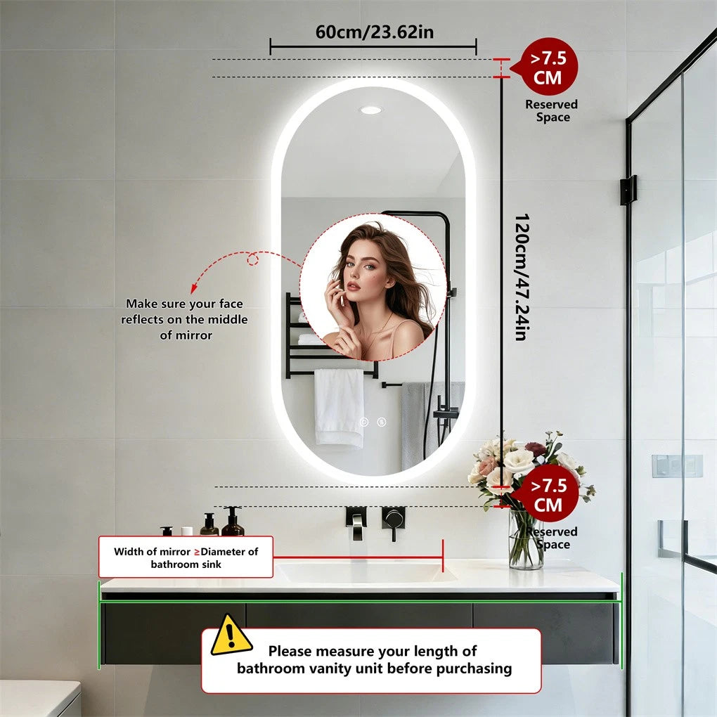 Oval Illuminated LED Bathroom Mirror Anti-Fog Backlit Wall Hanging Mirror (50x80 / 50x100 / 60x120cm)