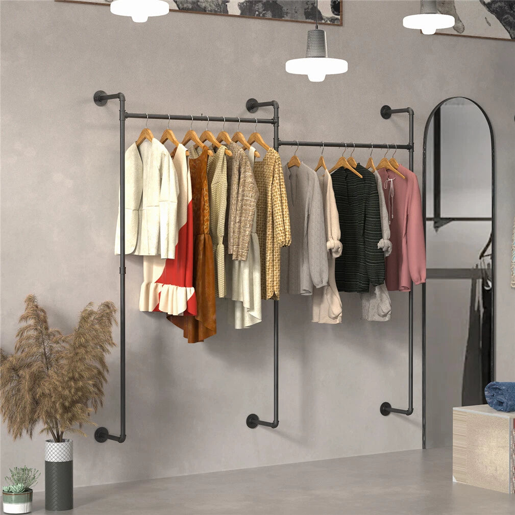 P&P Black Heavy-Duty Wall-Mounted Industrial Garment Rack with Dual Hanging