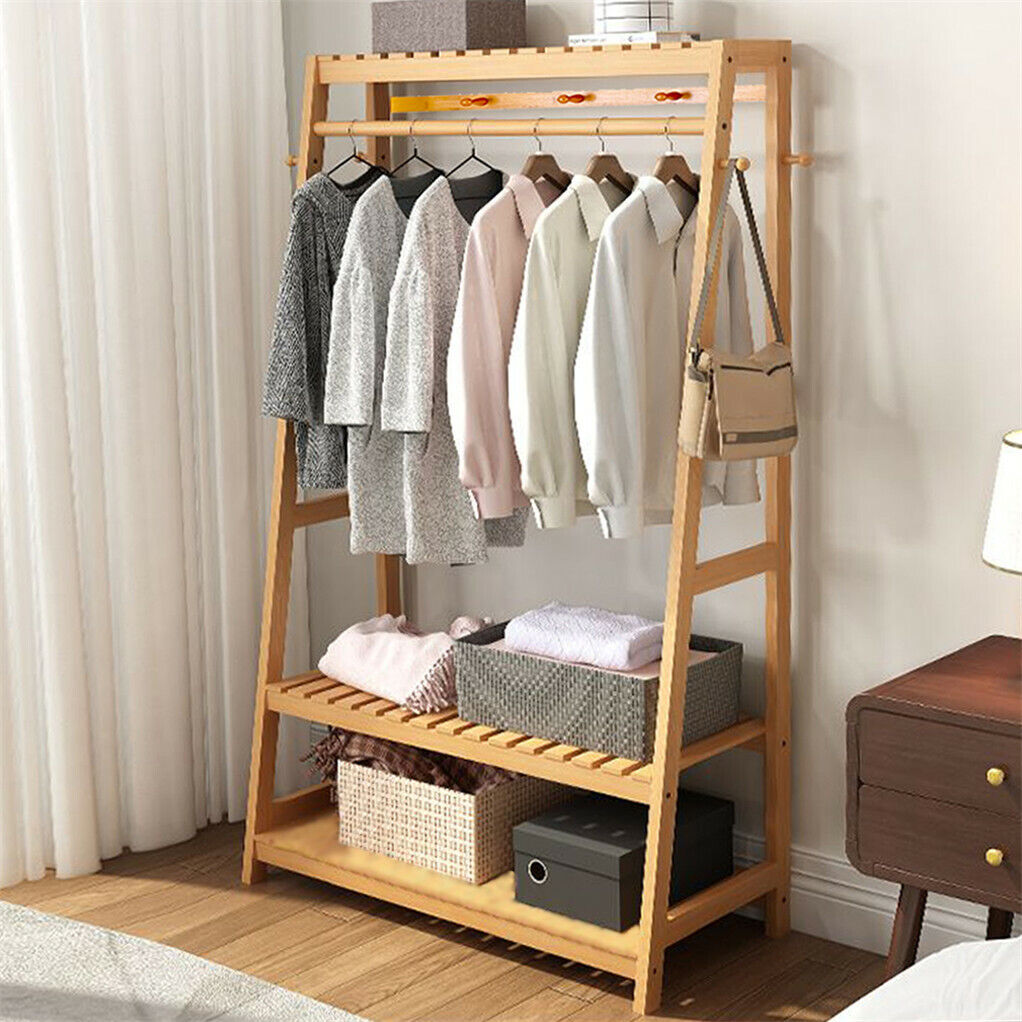 Pretty Garment Rack P&P Rail Bamboo Clothes Rack Garment Hanging Stand 3 Tier Storage Shel ...