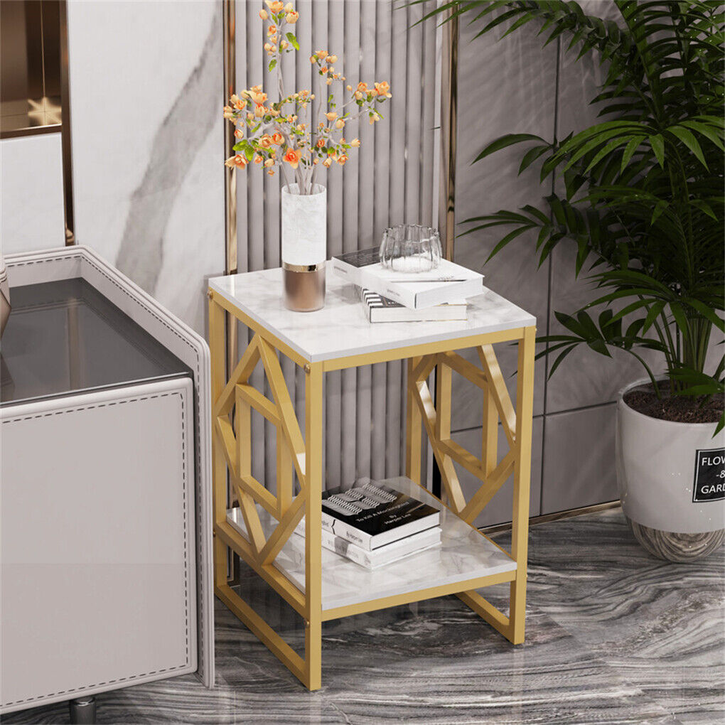 High Gloss Solid Marble Side Table Unique Design 2 Tier Nightstand Sofa End Table