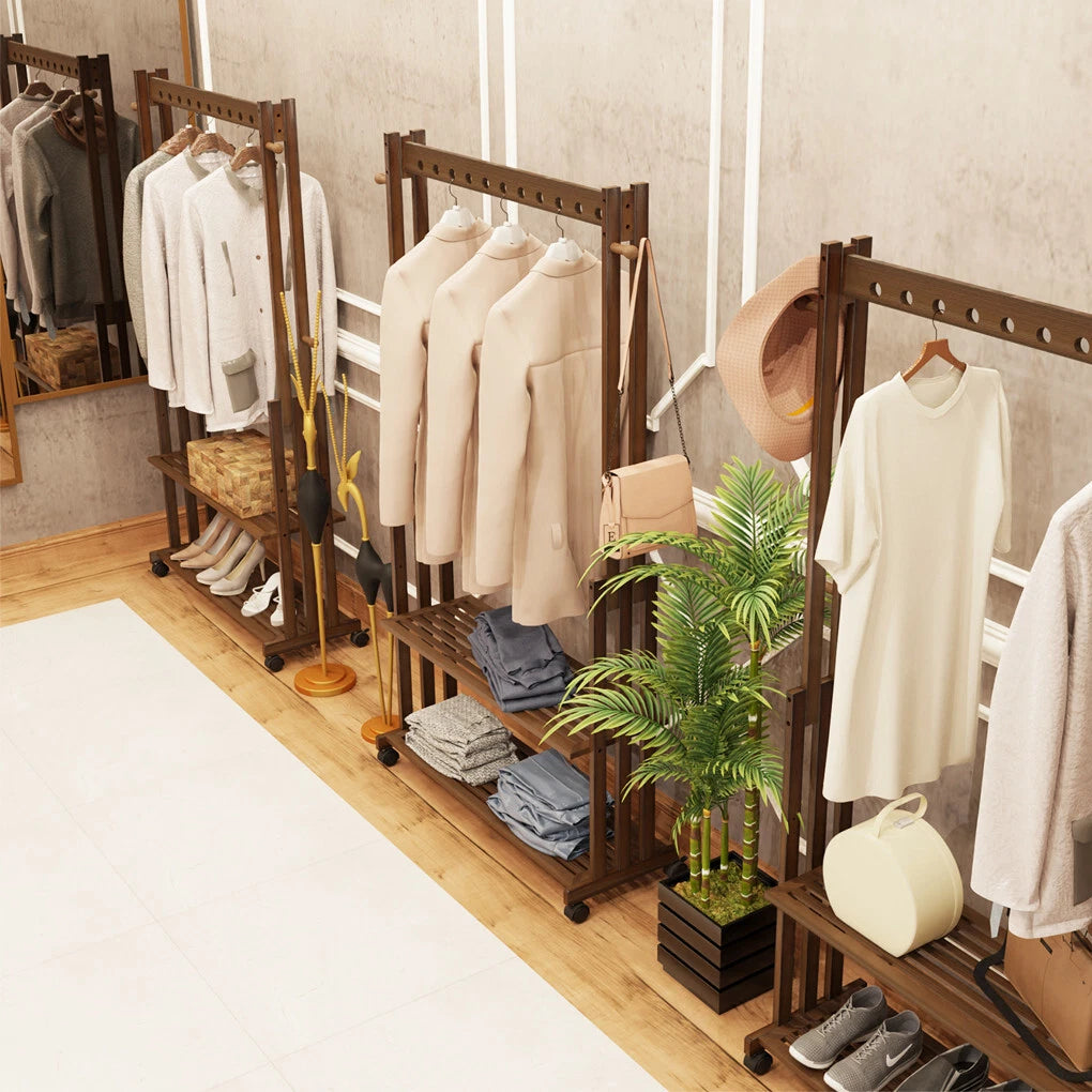 Heavy Duty Bamboo Garment Rack Retail Display Clothing Rack with Wheels and Side Hooks