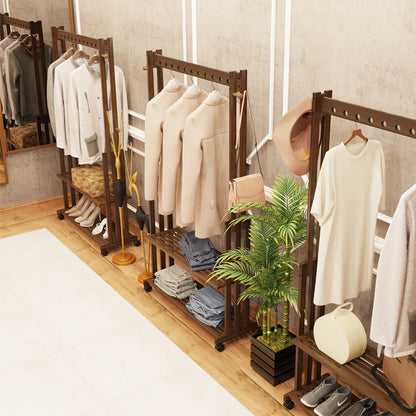 Heavy Duty Bamboo Garment Rack Retail Display Clothing Rack with Wheels and Side Hooks
