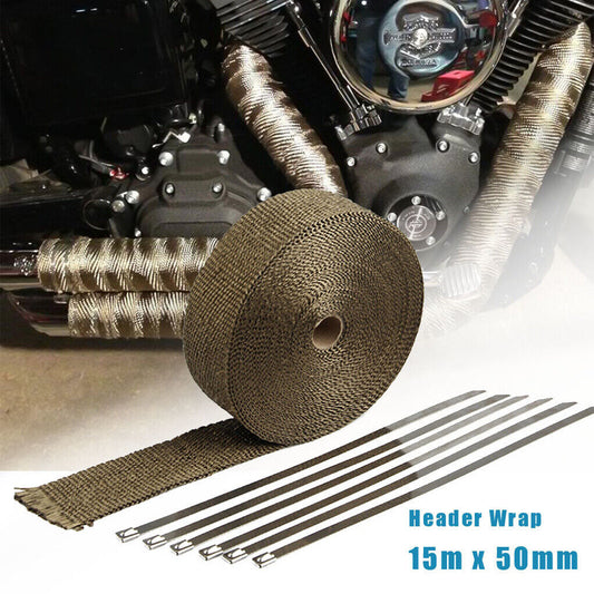 Exhaust Manifold Downpipe Titanium Heat Wrap 15m & 10 Ties rap De Cat Pipe Tape