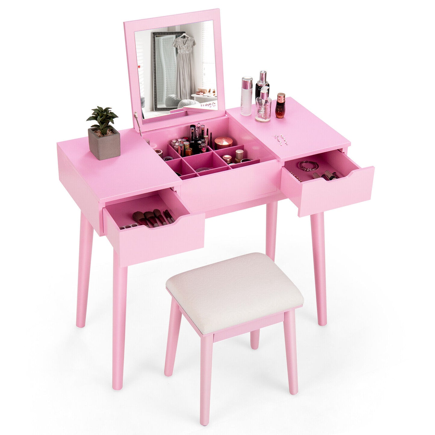 Vanity Set with Flip-Top Mirror Dressing Table Writing Desk with Cushioned Stool