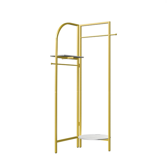 P&P Freestanding Gold Coat Rack Strong Entryway Corner Clothes Stand w/ Shelf & Hook