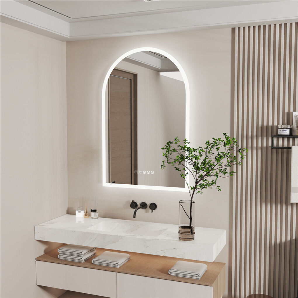 Arch Dimmable Led Bathroom Vanity Mirror w Antifog Temperature Date Time Display