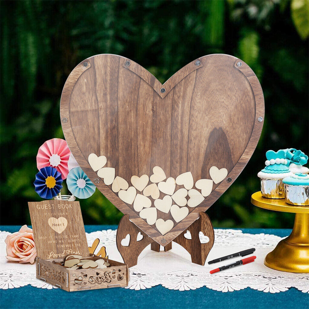 Creative Wedding Guest Book Wooden Heart-Shape Guest Sign in Book w Storage Box