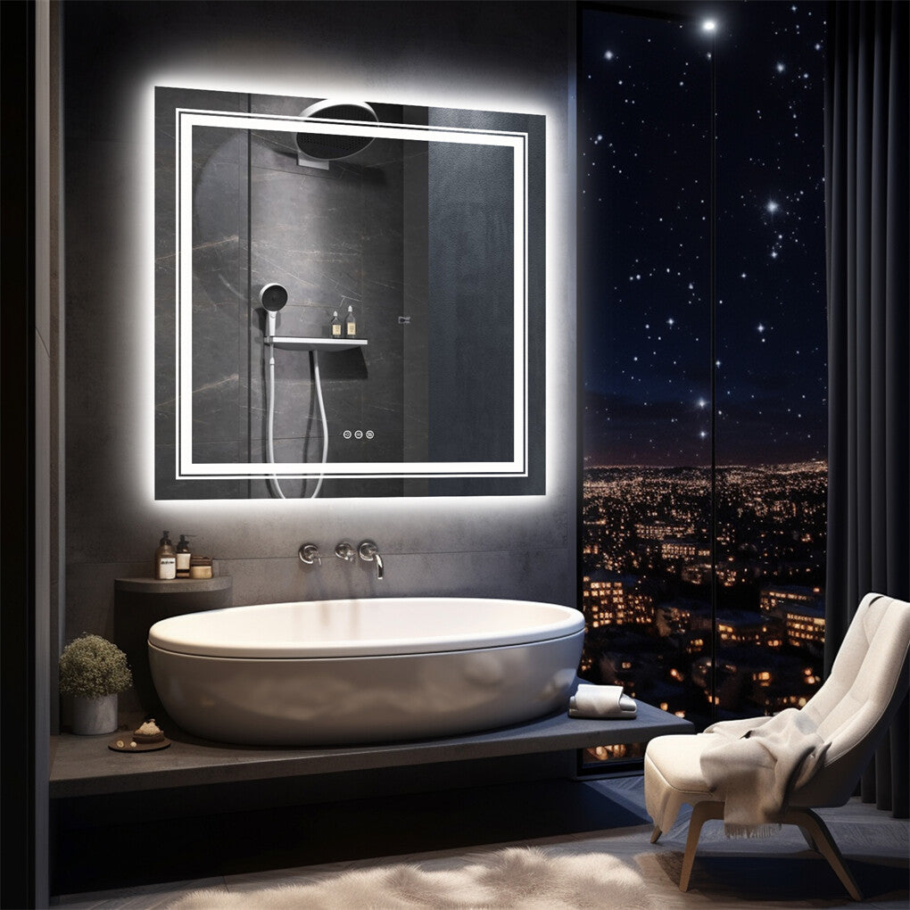 Large Square Wall Mount Smart Led Bathroom Mirror Anti Fog Backlit Vanity Mirror