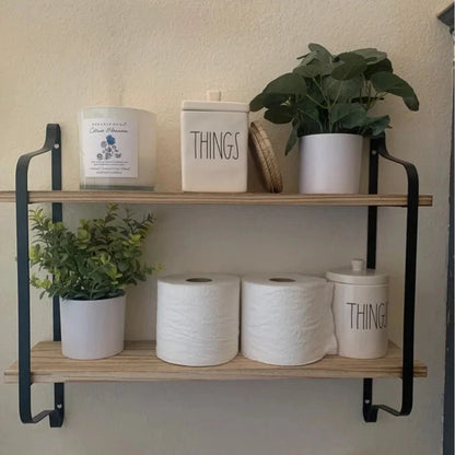 2-Tier Modern Rustic Floating Wall Shelves - Wooden Shelf for Storage Book Display