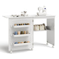 White Folding Sewing & Craft Table with Shelves and Wheels