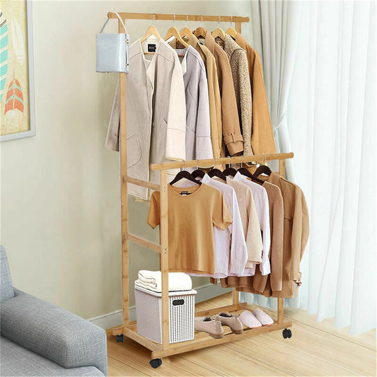 Heavy Duty Bamboo Garment Rack Freestanding Rolling Clothes Trousers Scarf Rack