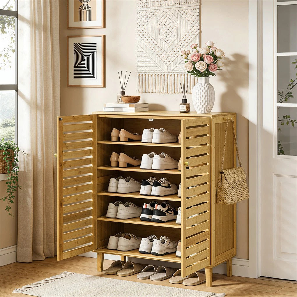 5-Tier Ventilated Shoe Organizer Cabinet Freestanding Bamboo Shoe Storage Rack