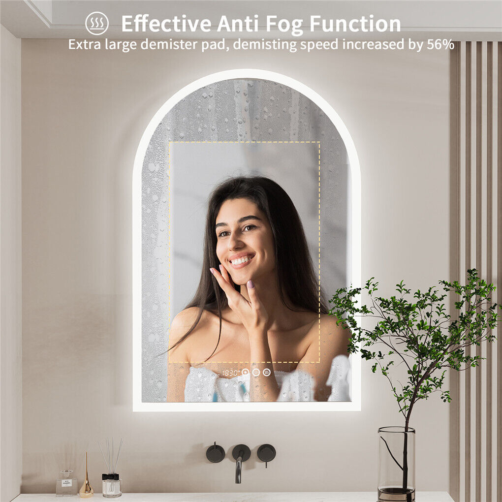 Arch Dimmable Led Bathroom Vanity Mirror w Antifog Temperature Date Time Display