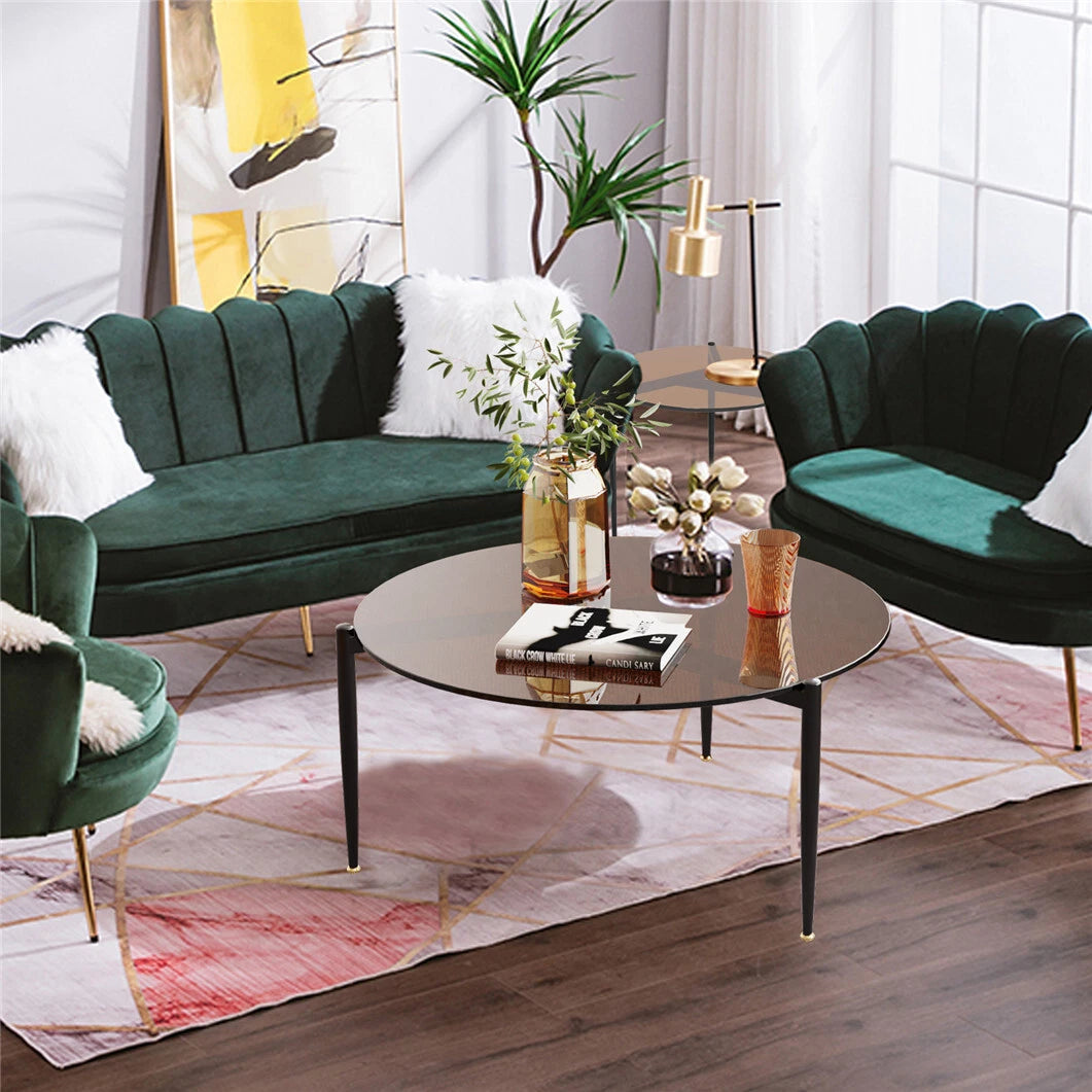 Glass Round Coffee Table with Metal Frame - Brown