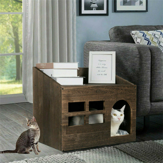 Buy Double Tier Wooden Cat Litter Box & Bed House Australia