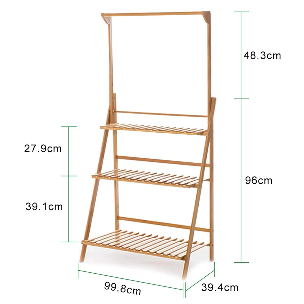 3 Tier Bamboo Plant Stand Folding Ladder Shelf with Hanging Rack, Space-Saving Flower Pot Display Stand for Indoor & Outdoor Garden Decor