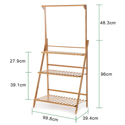 3 Tier Bamboo Plant Stand Folding Ladder Shelf with Hanging Rack, Space-Saving Flower Pot Display Stand for Indoor & Outdoor Garden Decor