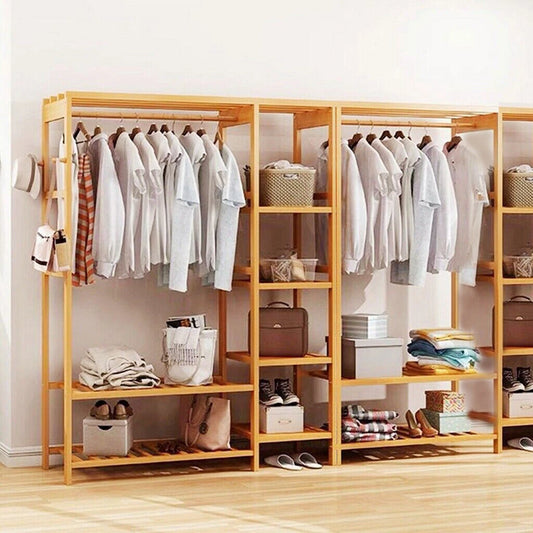 6 Tier Dustproof Bamboo Garment Clothes Rack Storage Shelves Closet Stand 4 Grid