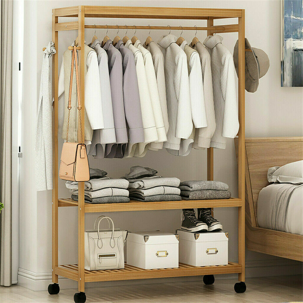 3-tier-clothes-rack-heavy-duty-wood-garment-shelves-rolling-wheels-side-hooks-au