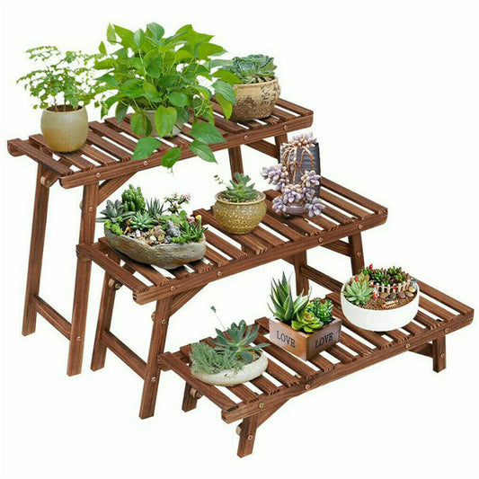 P&P DIY 3 Tier Wide Ladder Plant Stand Outdoor Step Heavy Duty Wood Rack Stair Style