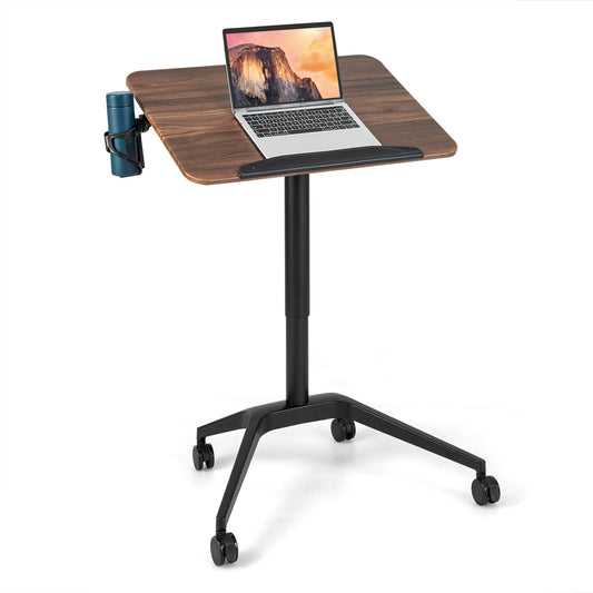 pneumatic-standing-desk-tilting-adjustable-laptop-cart-mobile-podium-cup-holder