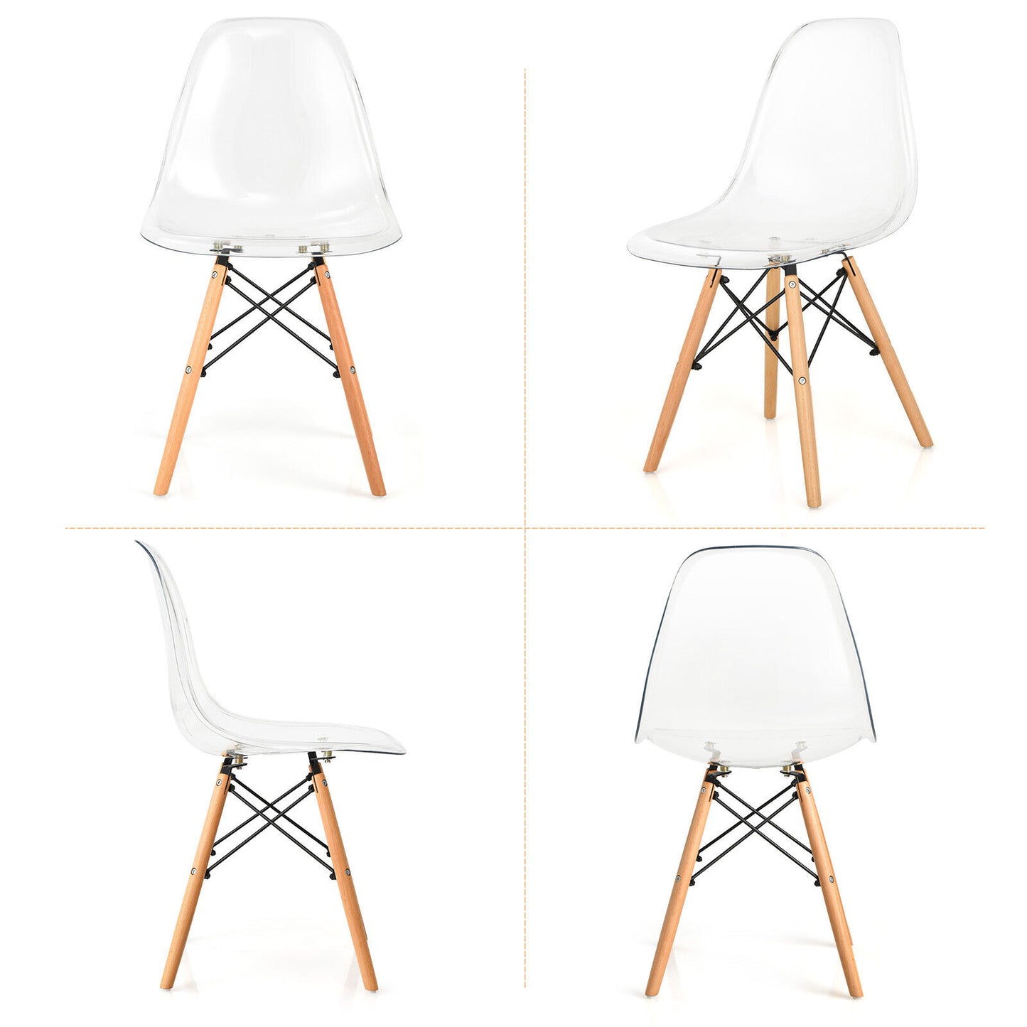 Set of 4 Dining Chairs Modern Plastic Shell Side Chairs with Clear Seat and Wood Legs