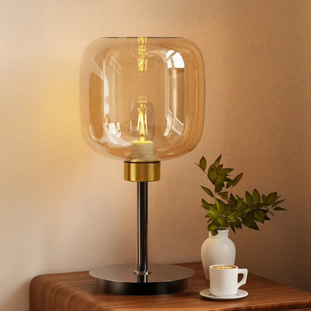 Industrial Bedside Table Lamp with Amber Glass