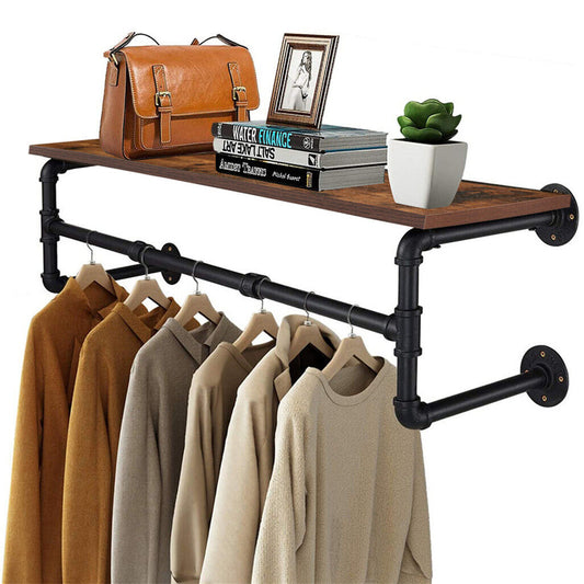 P&P 104cm Pipe Clothes Rail Wall Mounted Garment Hanging Rack Wardorbe with Shelf