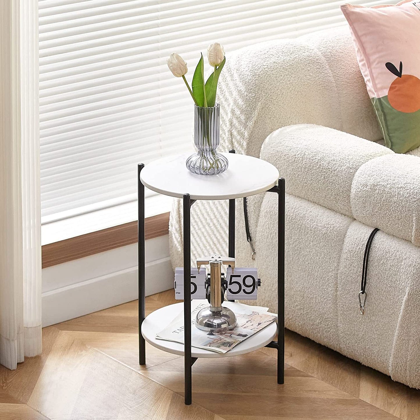 P&P High Gloss Marble Top End Table Coffee Side Table w/ Rustproof Solid Iron Frame