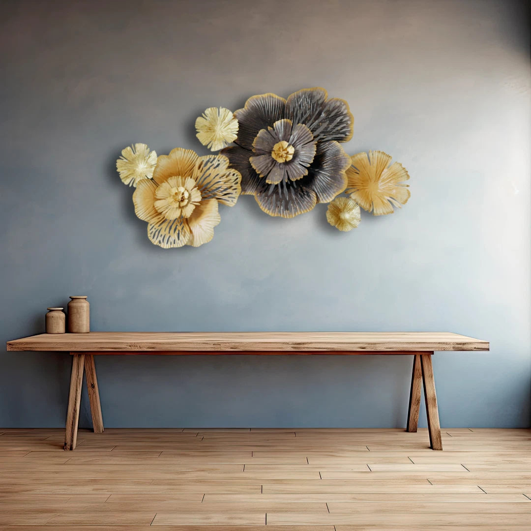 Gold & Grey Layered Elegant Floral Metal Wall Art - 3D Indoor Home Decor Accent