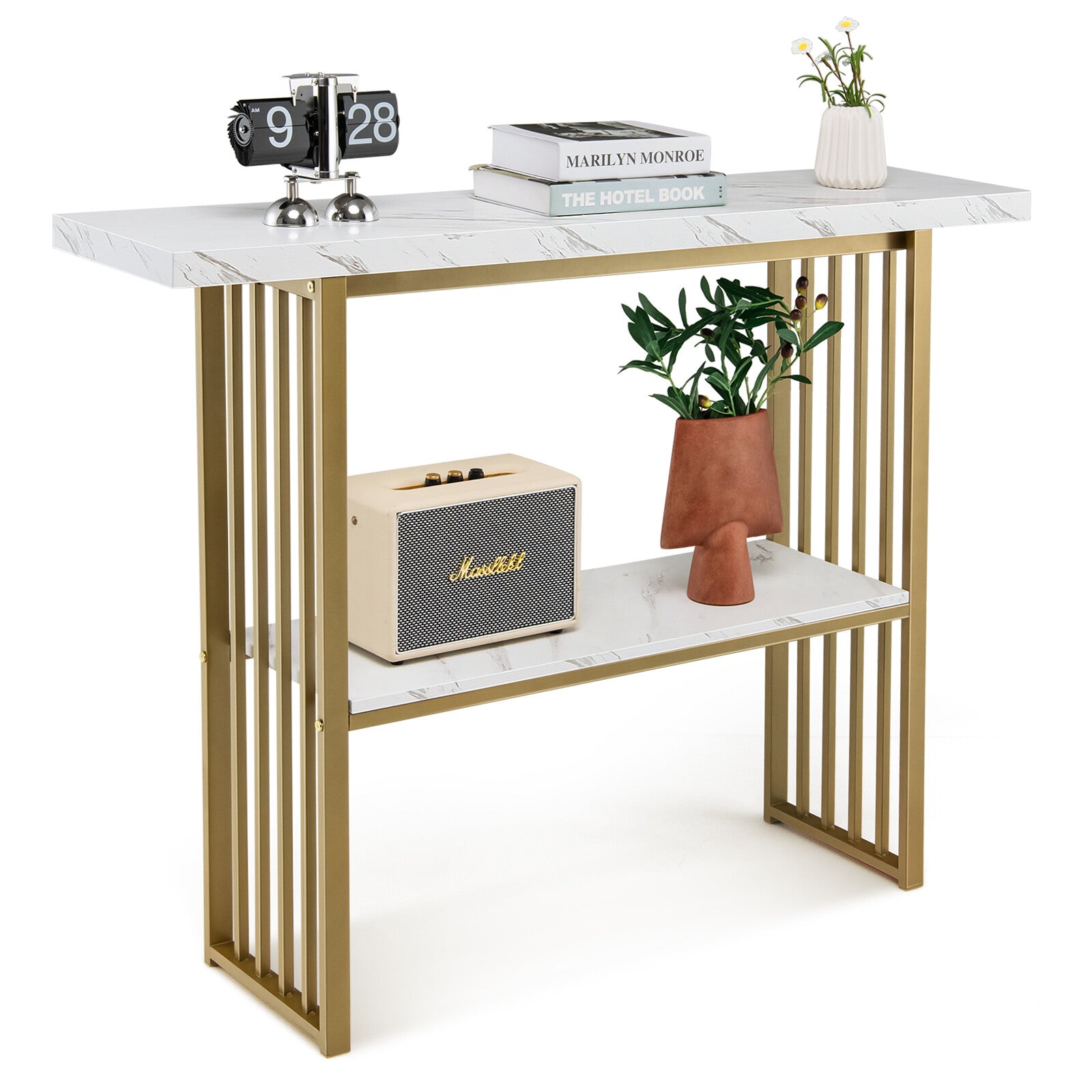 Console Table 2-Tier Beside Sofa Table with Faux Marble Tabletop Hallway