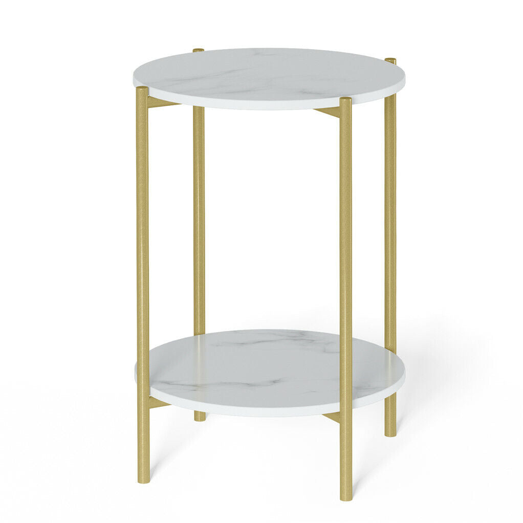 White Marble Side End Table 2-Tier Round Nightstand with Storage Shelf Living Room