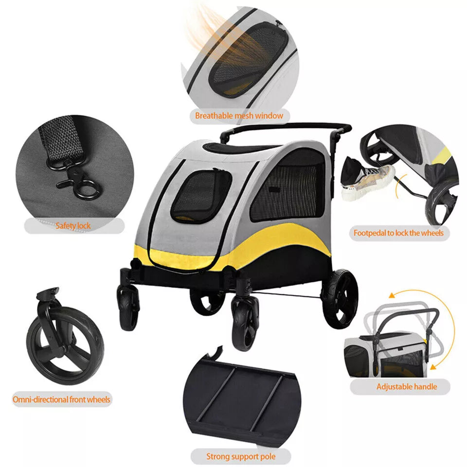 Large Dog Stroller – Foldable Pet Pushchair with Doors
