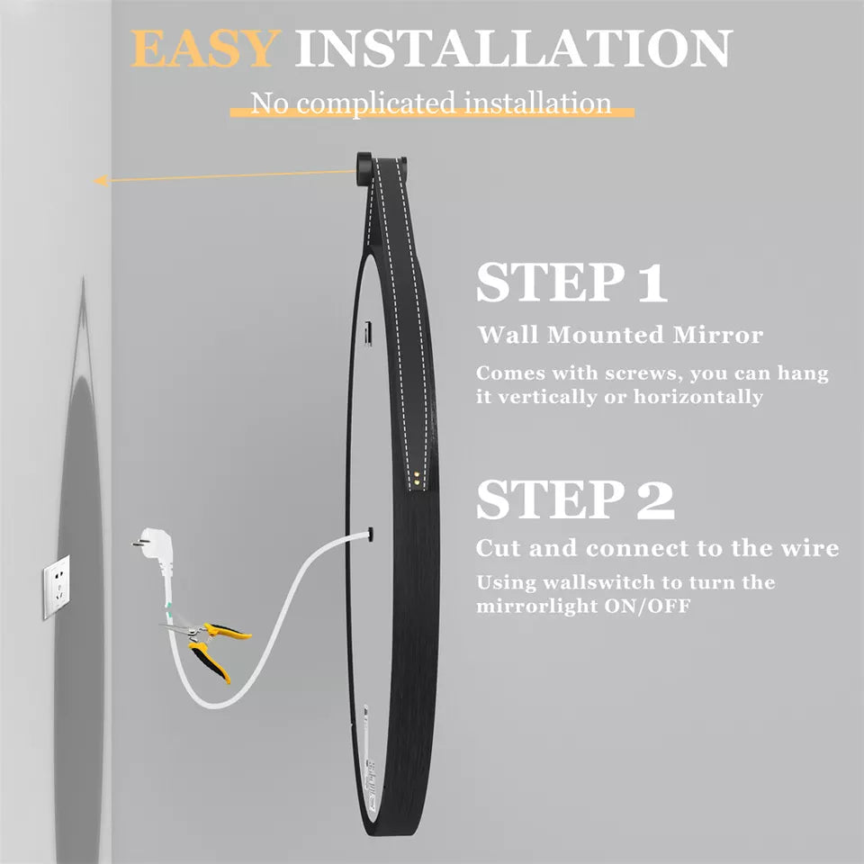 Round LED Bathroom Mirror with Anti-Fog & Black Frame