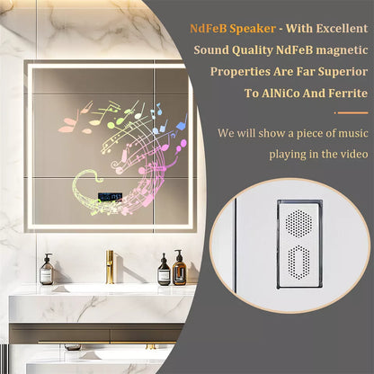 Square LED Bathroom Mirror with Bluetooth & Anti-Fog