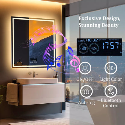 Square LED Bathroom Mirror with Bluetooth & Anti-Fog