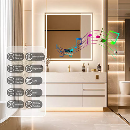 Square LED Bathroom Mirror with Bluetooth & Anti-Fog