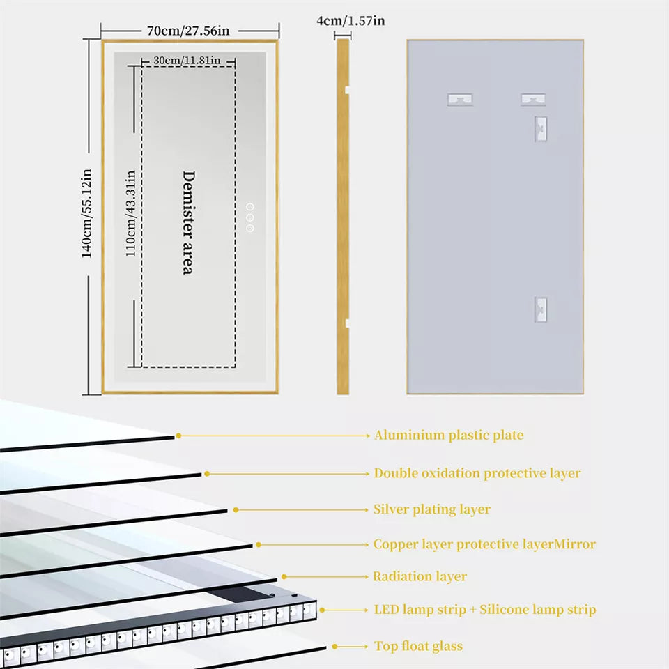 Gold Aluminum LED Bathroom Mirror with Anti-Fog