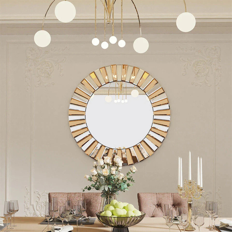 Silver and Tawny Round Sunburst Mirror with Beveled Glass, Decorative Wall Accent
