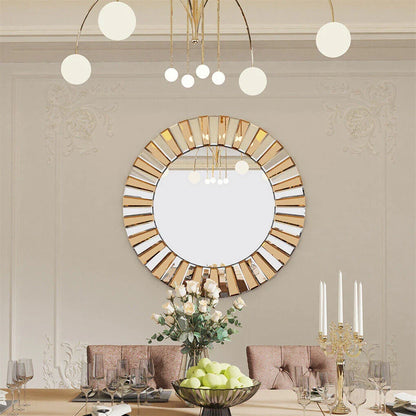 Silver and Tawny Round Sunburst Mirror with Beveled Glass, Decorative Wall Accent
