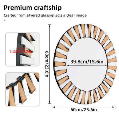 P&P Silver and Tawny Round Sunburst Mirror with Beveled Glass, Decorative Wall Accent