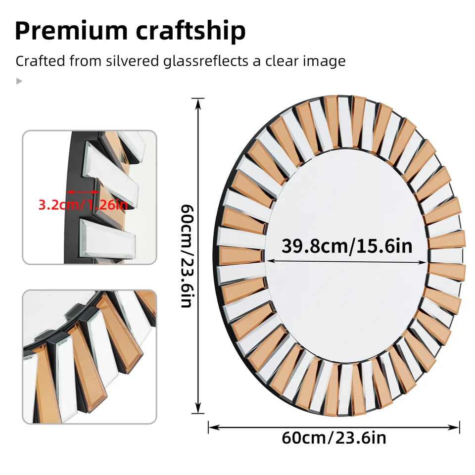 Silver and Tawny Round Sunburst Mirror with Beveled Glass, Decorative Wall Accent